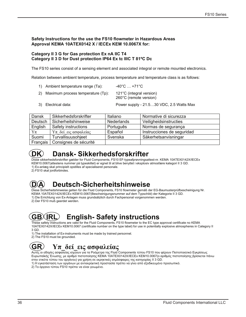 Dk dansk- sikkerhedsforskrifter, D a deutsch-sicherheitshinweise, Gb irl english- safety instructions | Gr υπ_δεί_εις ασφαλείας | Fluid Components International FS10A User Manual | Page 38 / 54