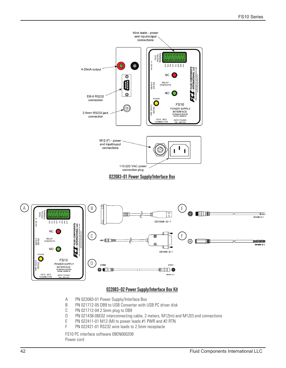 022083-02 power supply/interface box kit, 022083-01 power supply/interface box | Fluid Components International FS10A User Manual | Page 44 / 54