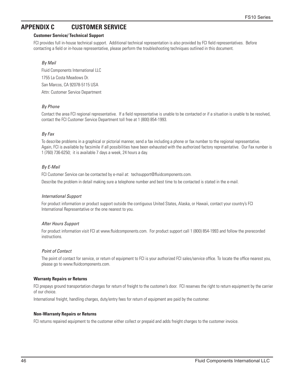 Appendix c customer service, Customer service/ technical support, Warranty repairs or returns | Non-warranty repairs or returns | Fluid Components International FS10A User Manual | Page 48 / 54