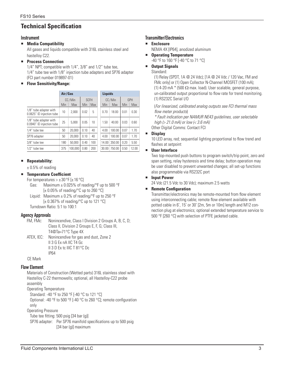 Technical specification, Instrument, Agency approvals | Flow element, Transmitter/electronics | Fluid Components International FS10A User Manual | Page 5 / 54