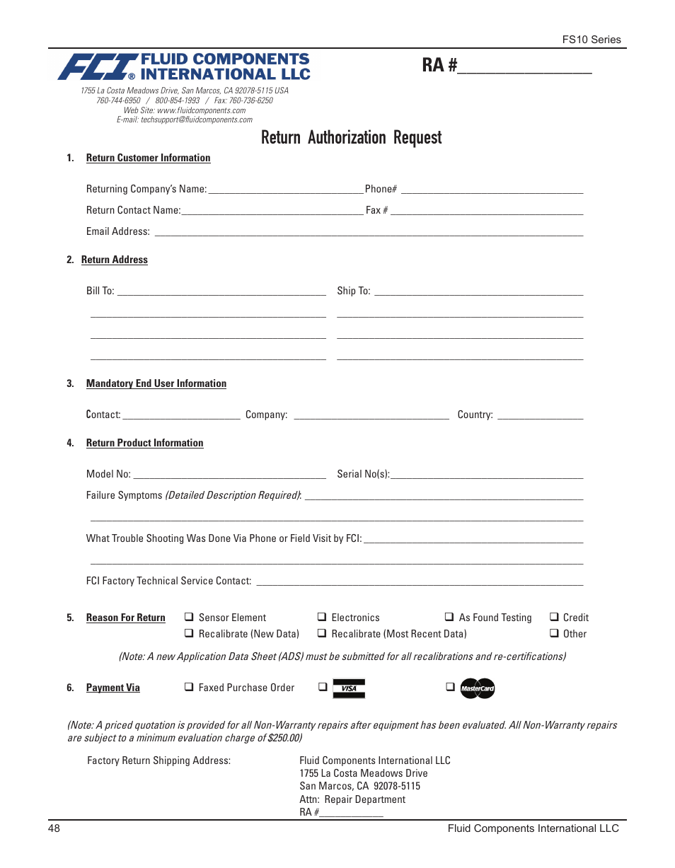 Return authorization request | Fluid Components International FS10A User Manual | Page 50 / 54