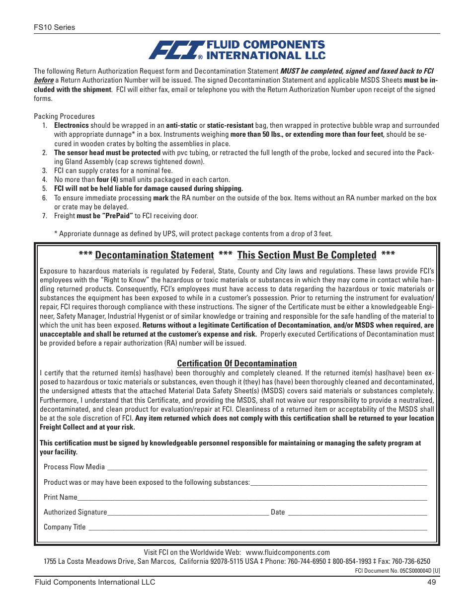 Fluid Components International FS10A User Manual | Page 51 / 54