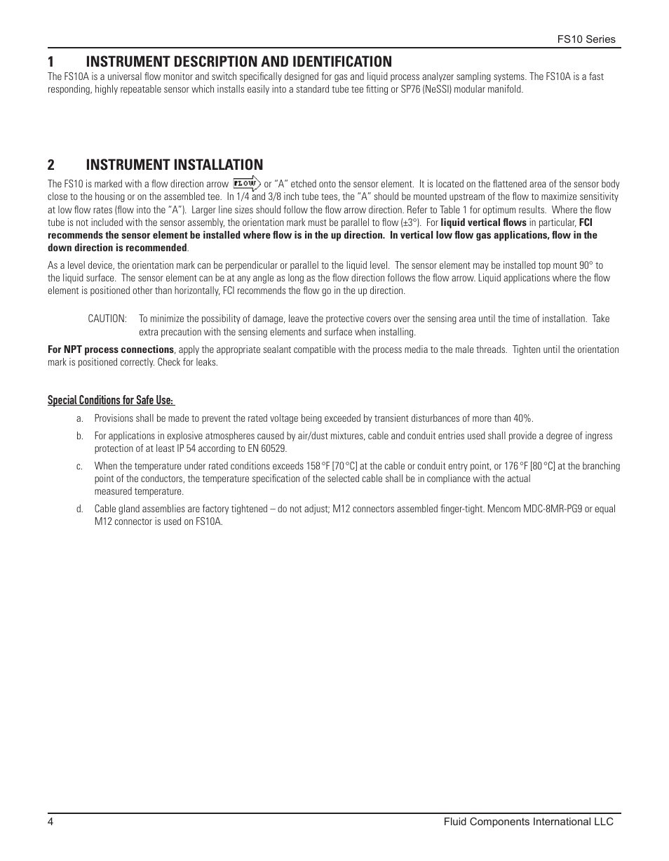 1 instrument description and identification, 2 instrument installation, Special conditions for safe use | 2instrument installation, 1instrument description and identification | Fluid Components International FS10A User Manual | Page 6 / 54