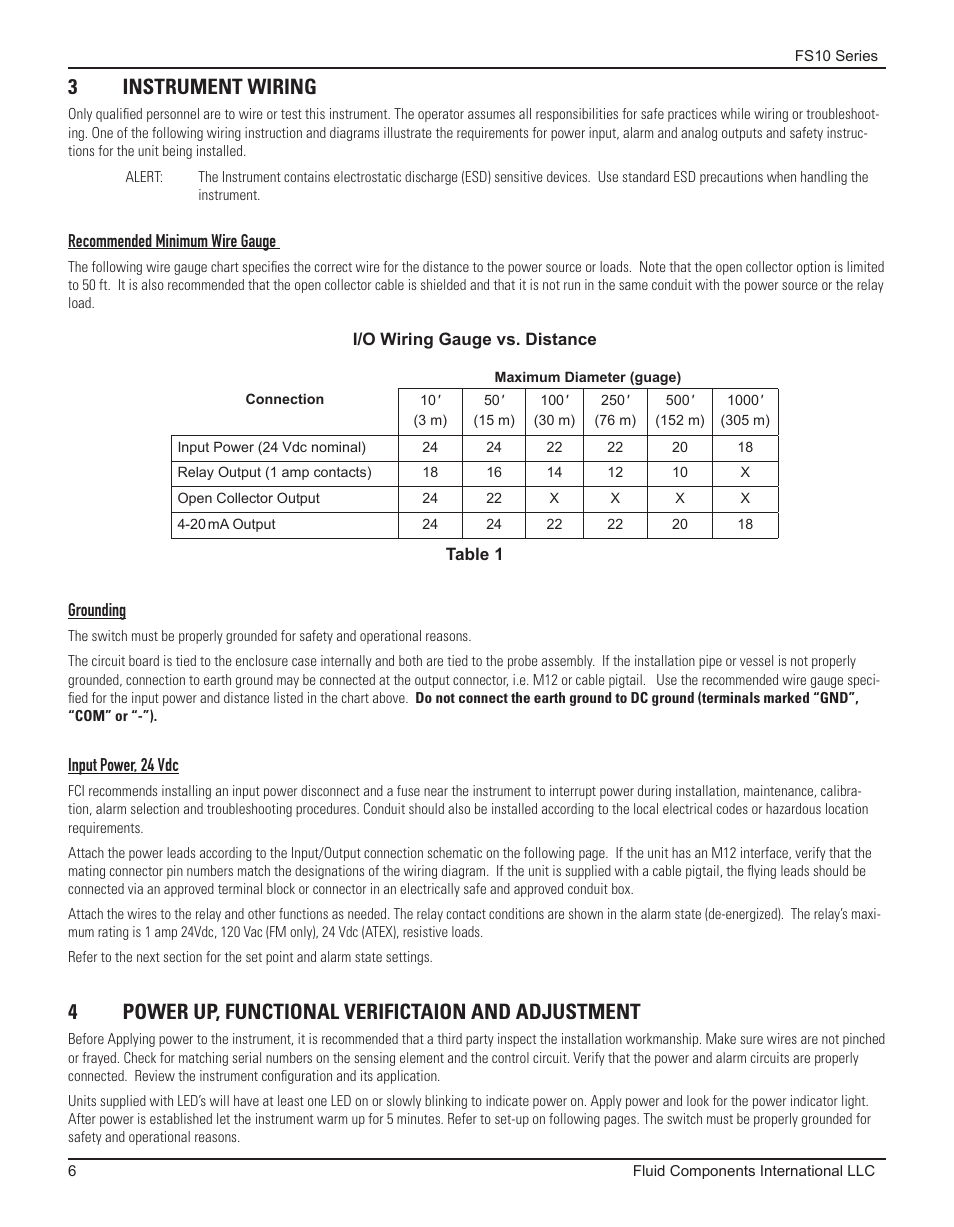 3 instrument wiring, Recommended minimum wire gauge, Grounding | Input power, 24 vdc, 4 power up, functional verifictaion and adjustment, 3instrument wiring, 4power up, functional verifictaion and adjustment | Fluid Components International FS10A User Manual | Page 8 / 54