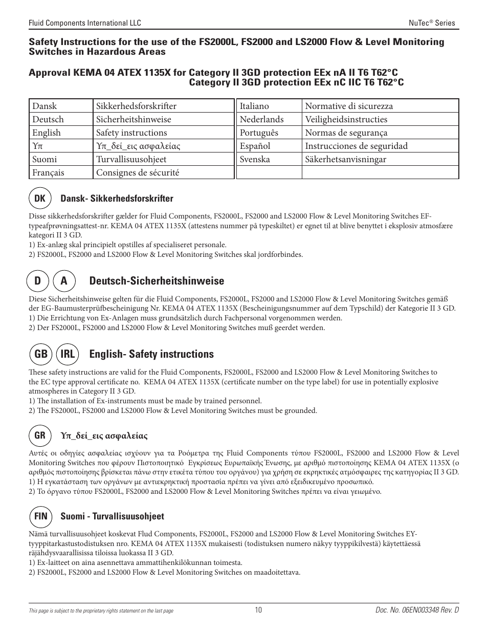 D a deutsch-sicherheitshinweise, Gb irl english- safety instructions | Fluid Components International FS2000L User Manual | Page 10 / 12