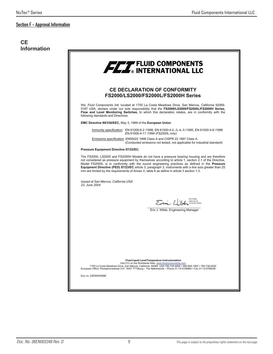 Ce information, Nutec | Fluid Components International FS2000L User Manual | Page 9 / 12