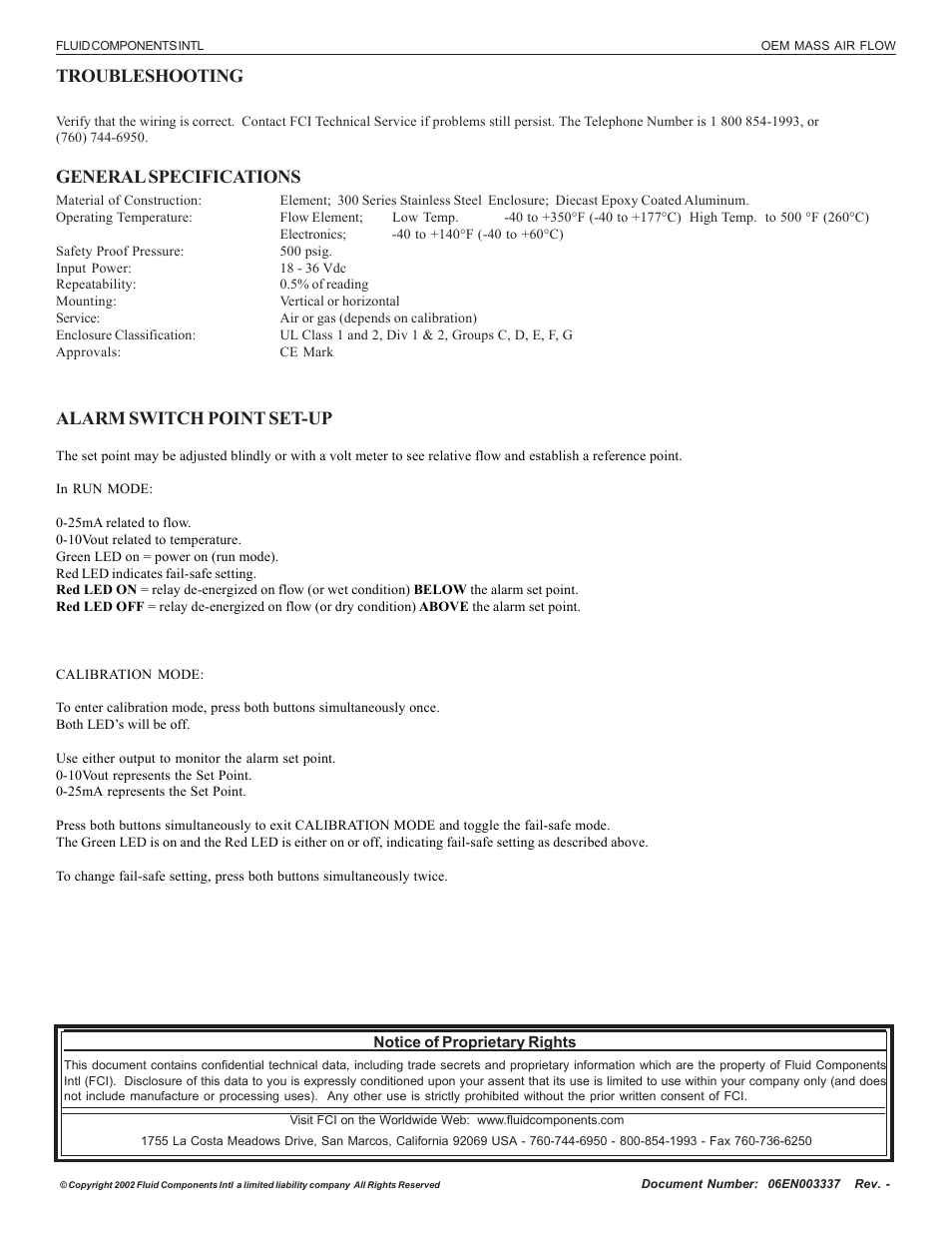 Troubleshooting, General specifications, Alarm switch point set-up | Fluid Components International OEM MASS FLOW SWITCH User Manual | Page 2 / 2