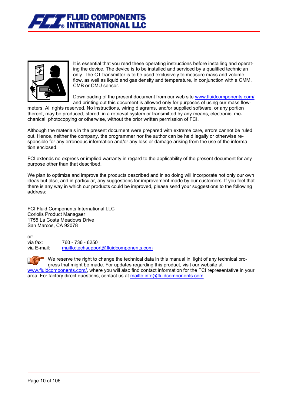 Steps prior to operation | Fluid Components International CMB User Manual | Page 10 / 106