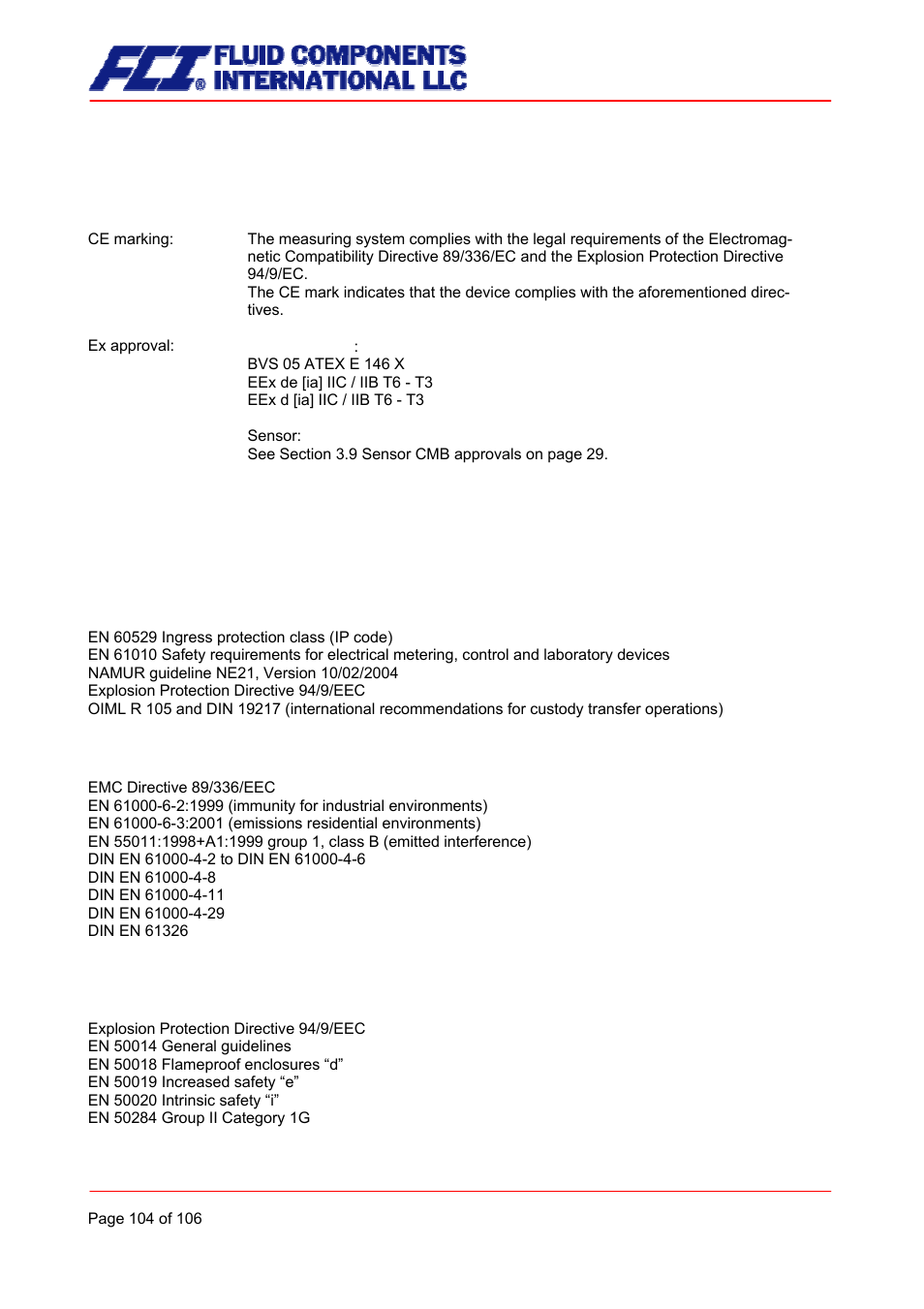 Certificates and approvals, Standards and authorizations, General standards and directives | Electromagnetic compatibility, Ex-approval transmitter | Fluid Components International CMB User Manual | Page 104 / 106