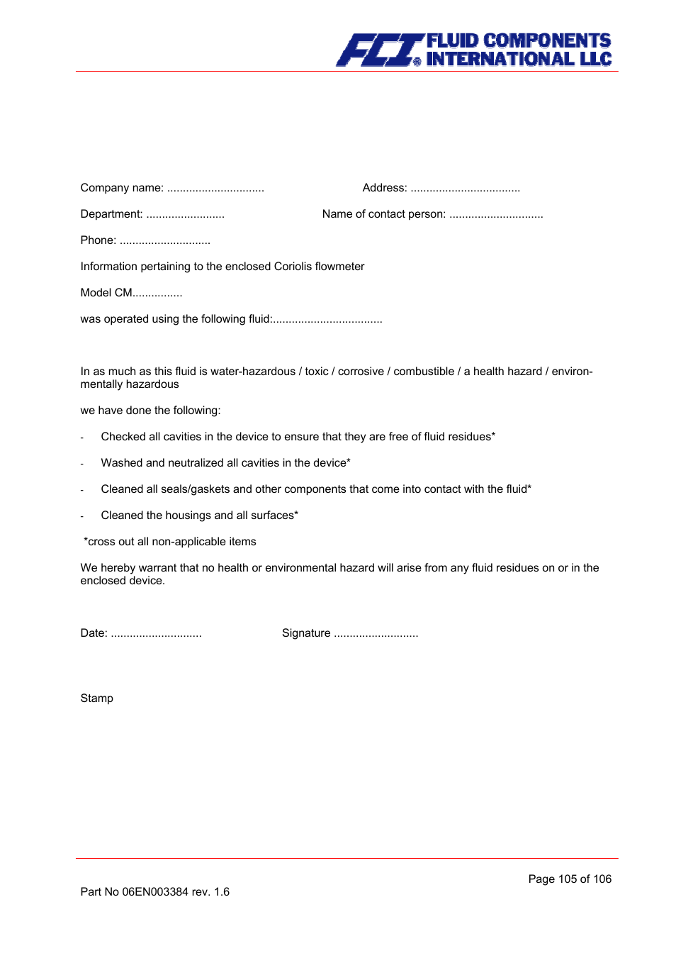 Decontamination certificate for device cleaning | Fluid Components International CMB User Manual | Page 105 / 106