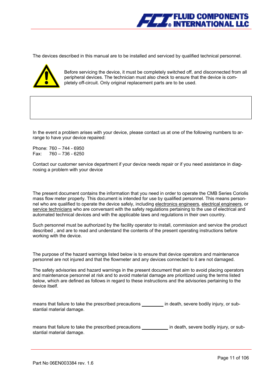 Installation and servicing, Safety advisory for the user, Hazard warnings | Danger, Warning | Fluid Components International CMB User Manual | Page 11 / 106