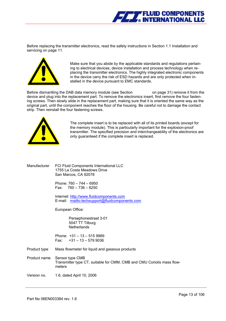 Replacement of the transmitter electronics, Identification | Fluid Components International CMB User Manual | Page 13 / 106