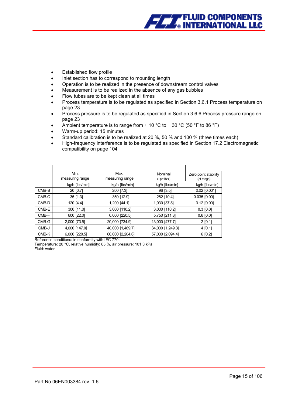 Performance characteristics of the cmb sensor, Reference conditions, Cmb flow ranges | Fluid Components International CMB User Manual | Page 15 / 106