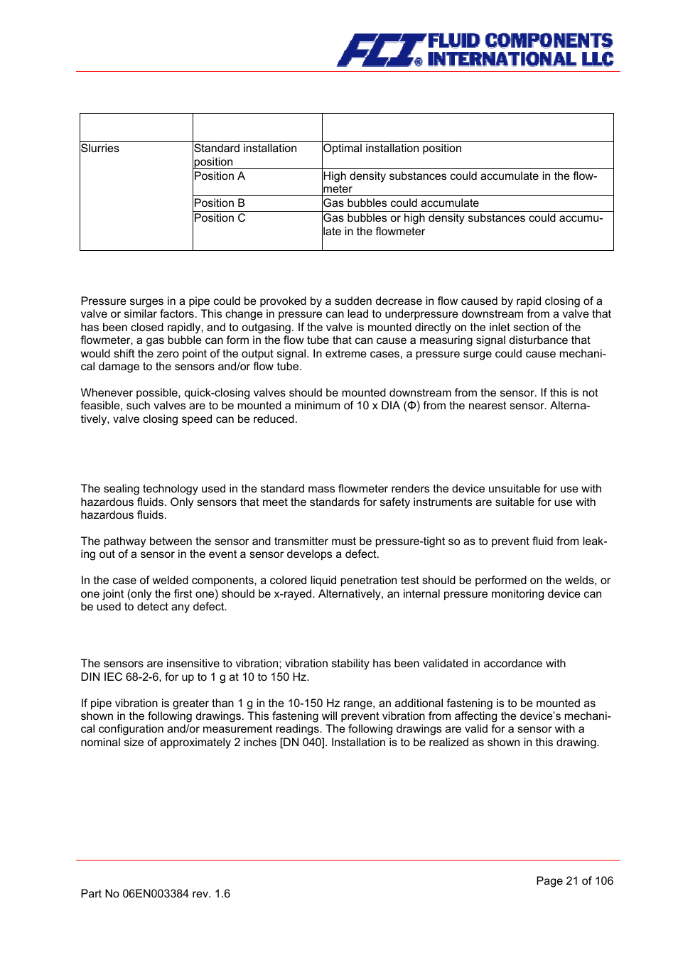 Pressure surges, Using the device with hazardous fluids, Vibration stability | Fluid Components International CMB User Manual | Page 21 / 106