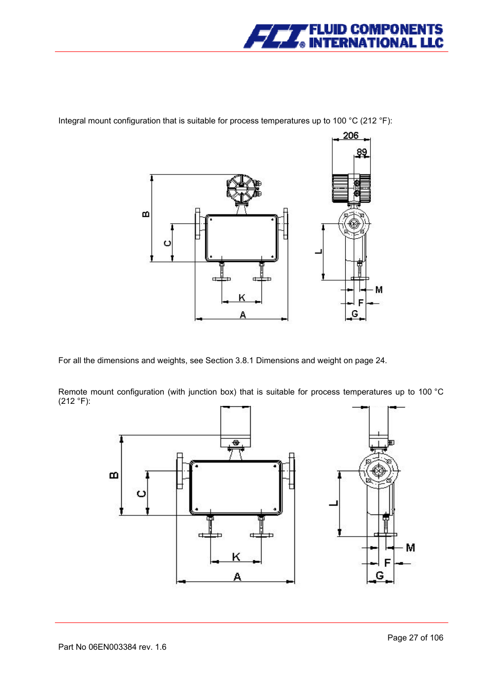 Heater dimension drawings for cmb-b up to cmb-k, Heater for remote mount version cmb-b to cmb-k | Fluid Components International CMB User Manual | Page 27 / 106