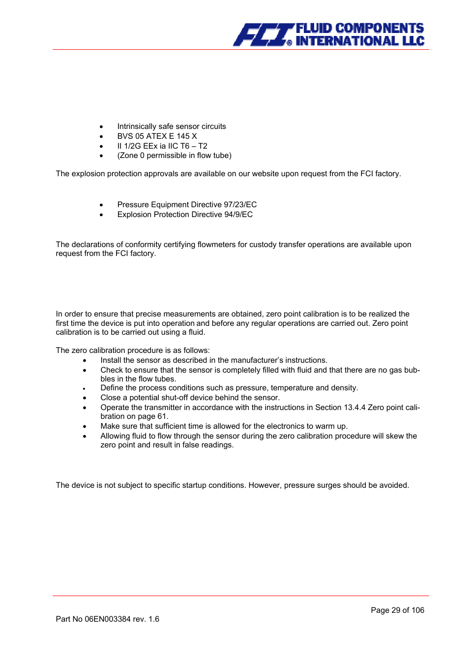 Sensor cmb approvals, Explosion protection, Ce marking | Custody transfer operations, Commissioning, Zero point calibration, Startup conditions | Fluid Components International CMB User Manual | Page 29 / 106