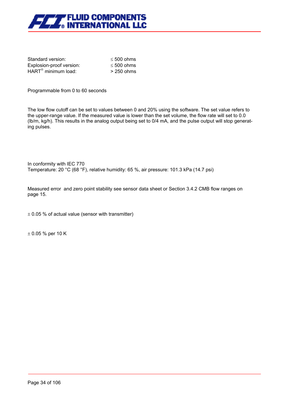 Load, Damping, Low flow cutoff | Ct performance characteristics, Reference conditions, Measured error, Repeatability error, Influence of ambient temperature | Fluid Components International CMB User Manual | Page 34 / 106