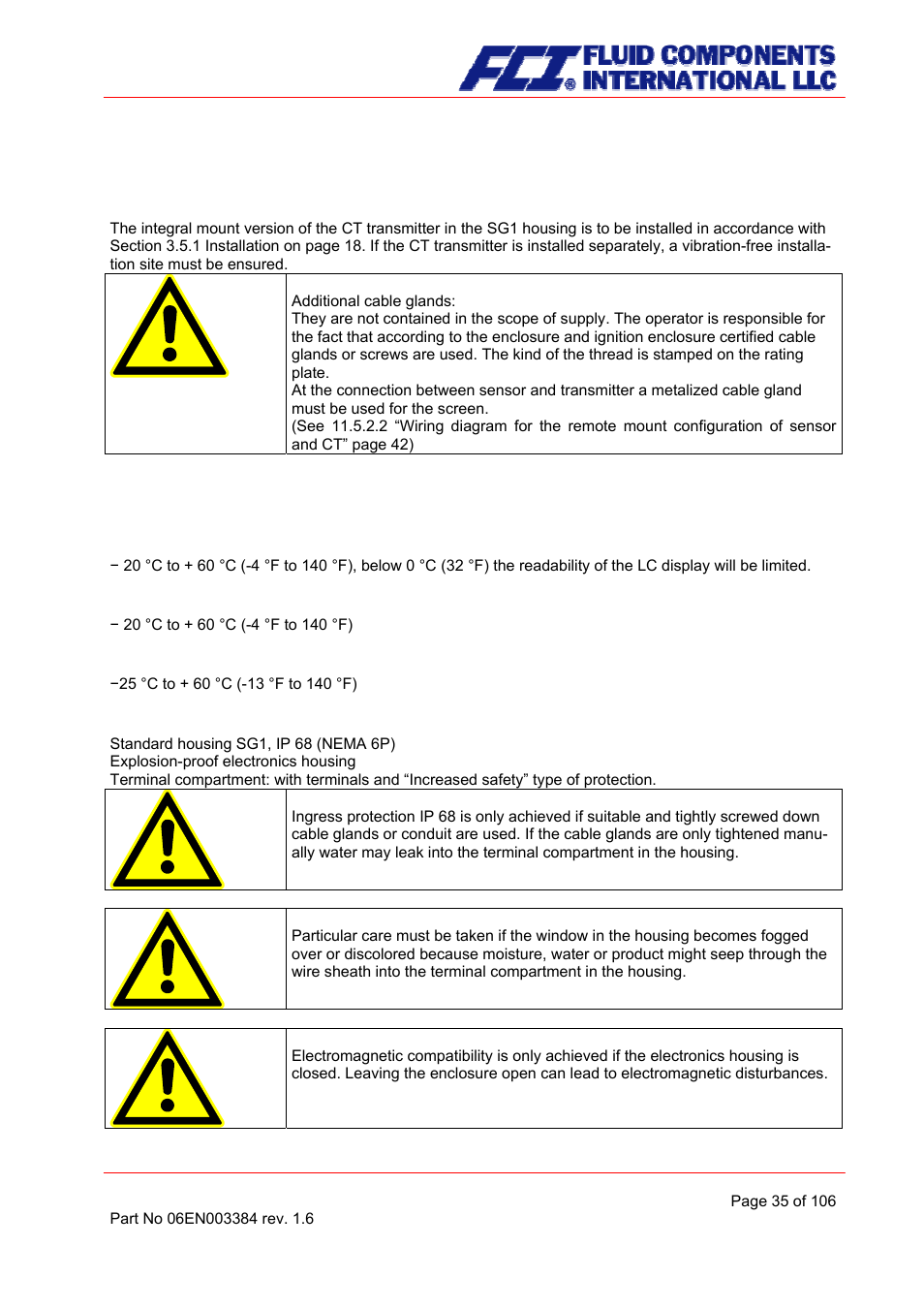 Ct operating conditions, Installation conditions and cable glands, Environmental conditions | Ambient temperature, Ambient temperature range, Storage temperature, Ingress protection | Fluid Components International CMB User Manual | Page 35 / 106