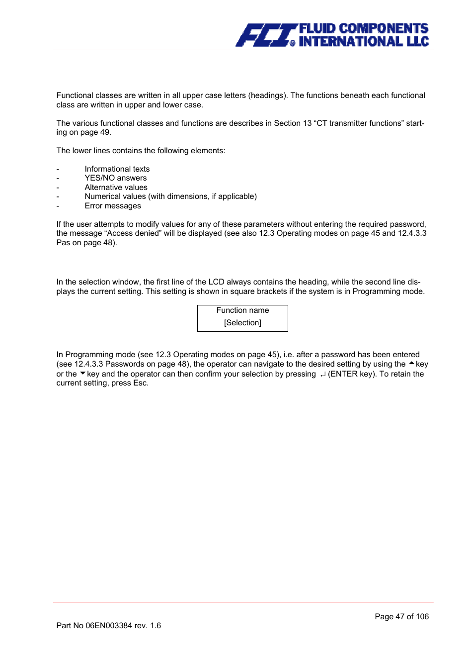 Functional classes, functions and parameters, Selection window/make a selection | Fluid Components International CMB User Manual | Page 47 / 106