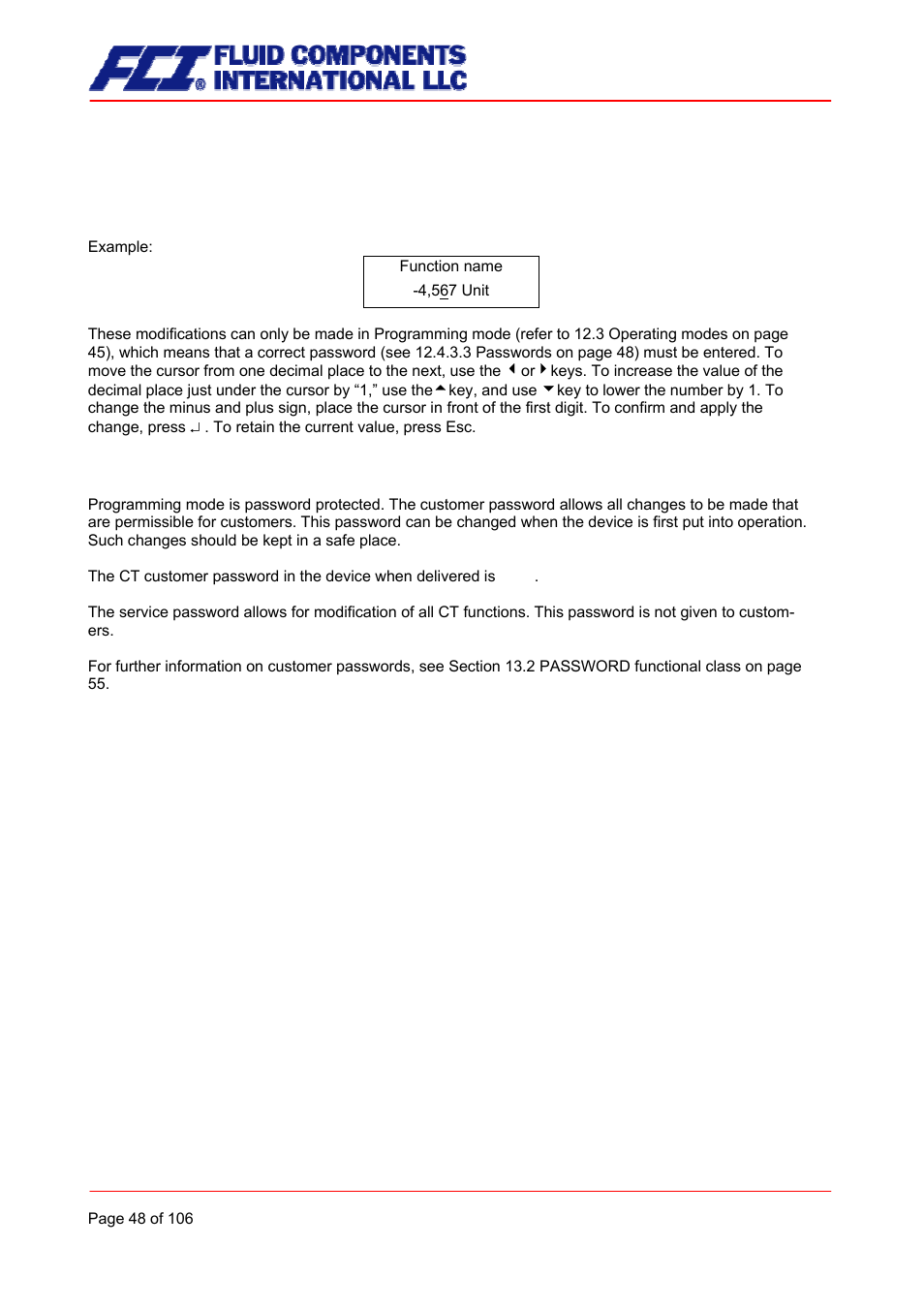 Input window/modify a value, Passwords | Fluid Components International CMB User Manual | Page 48 / 106