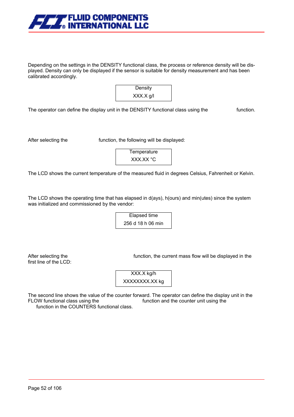 Density, Temperature, Elapsed time | Mass flow + counter forward | Fluid Components International CMB User Manual | Page 52 / 106