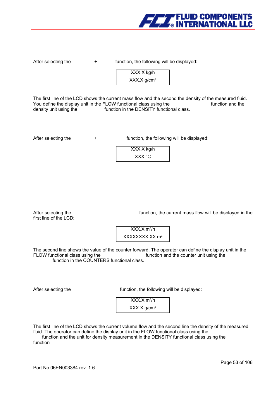 Mass flow + density, Mass flow + temperature, Volume flow + counter forward | Volume flow + density | Fluid Components International CMB User Manual | Page 53 / 106