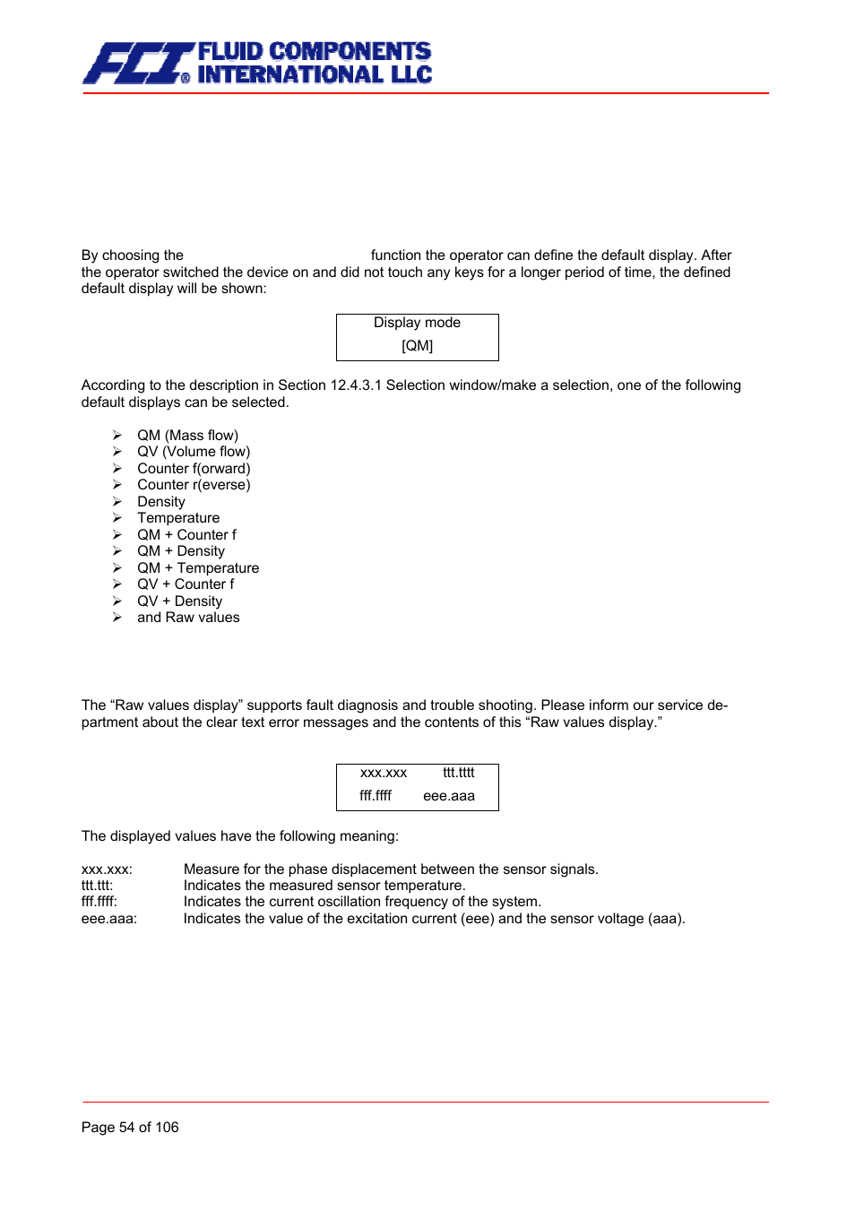 Display mode during startup, Raw values | Fluid Components International CMB User Manual | Page 54 / 106