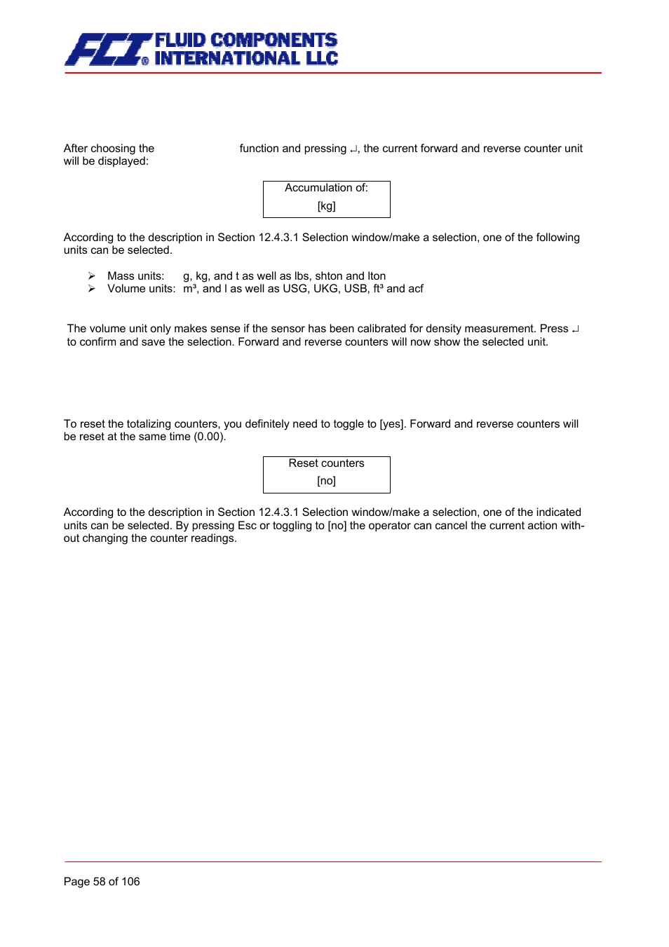 Unit of counters, Reset counters | Fluid Components International CMB User Manual | Page 58 / 106