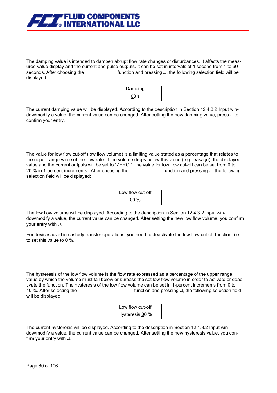 Damping, Low flow cut-off, Low flow cut-off hysteresis | Fluid Components International CMB User Manual | Page 60 / 106