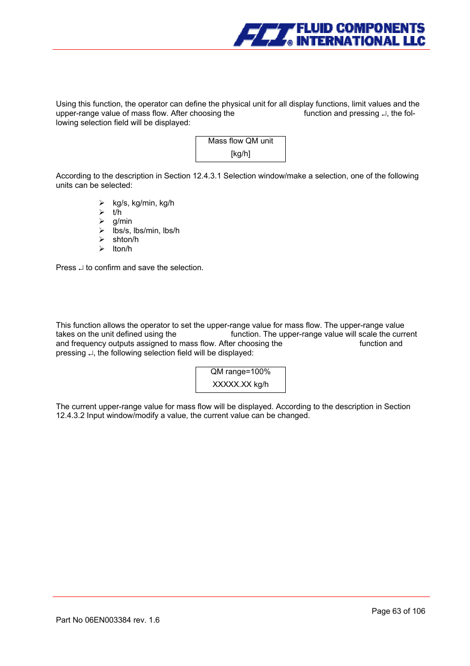 Mass flow qm unit, Mass flow qm range | Fluid Components International CMB User Manual | Page 63 / 106