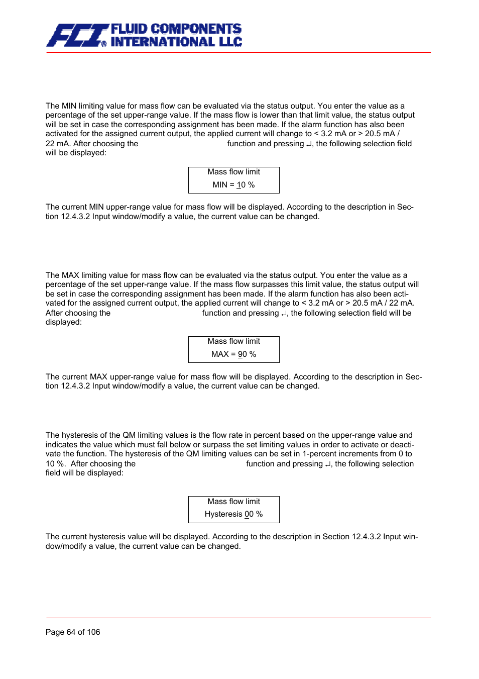 Mass flow qm limit min, Mass flow qm limit max, Mass flow qm limit hysteresis | Fluid Components International CMB User Manual | Page 64 / 106