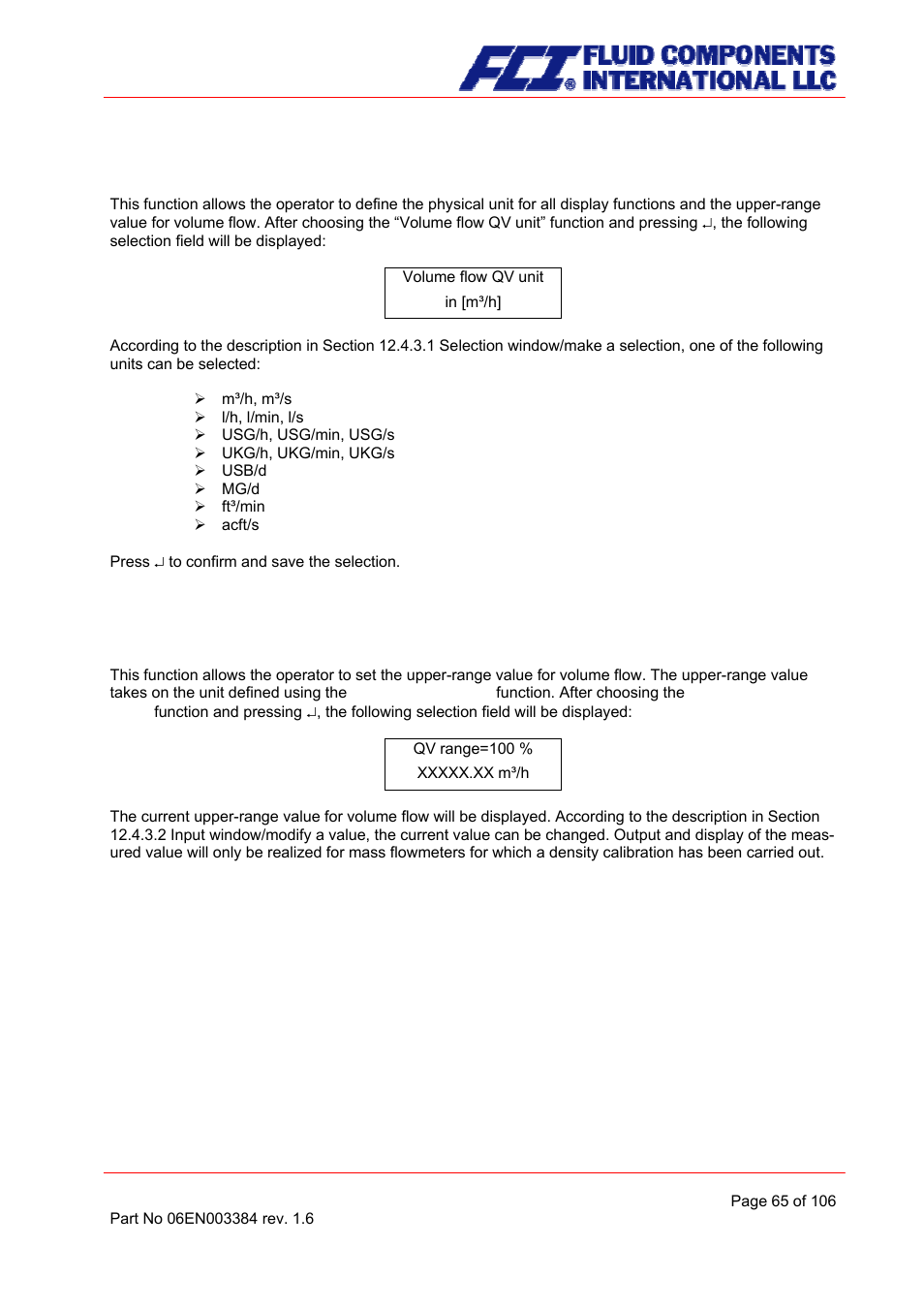 Volume flow qv unit, Volume flow qv range | Fluid Components International CMB User Manual | Page 65 / 106