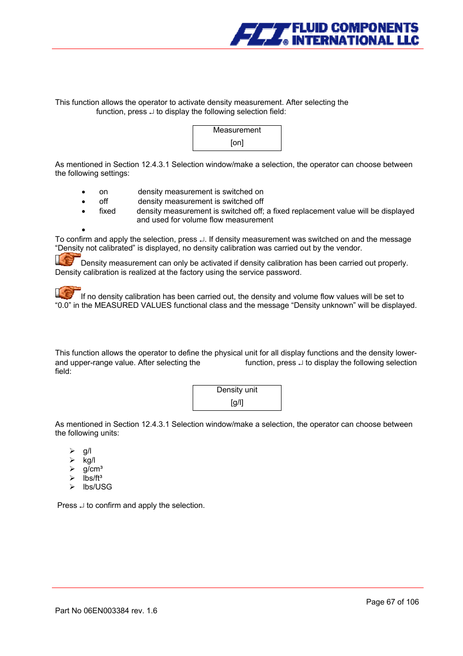 Density measurement on/off, Density unit | Fluid Components International CMB User Manual | Page 67 / 106