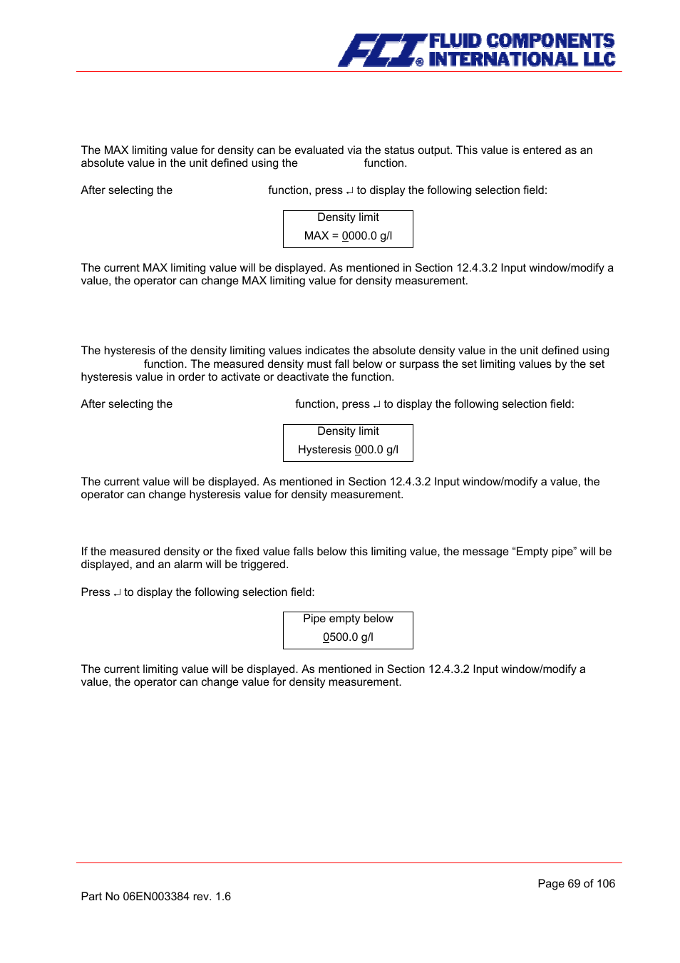 Density limit max, Density limit hysteresis, Density limit for empty pipe | Fluid Components International CMB User Manual | Page 69 / 106