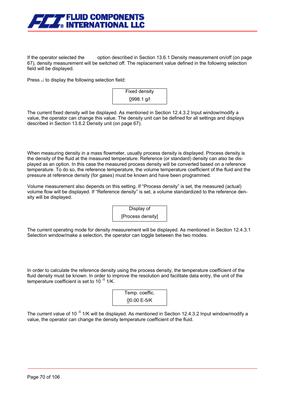 Fixed density, Reference/process density display, Temperature coefficient | Fluid Components International CMB User Manual | Page 70 / 106