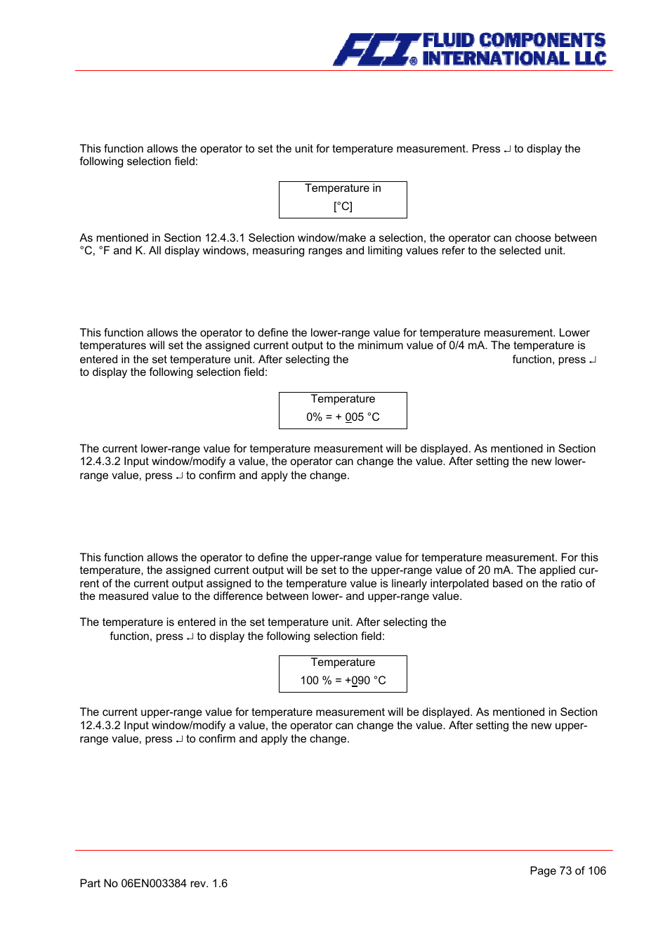 Temperature unit, Temperature lower-range value, Temperature upper-range value | Fluid Components International CMB User Manual | Page 73 / 106