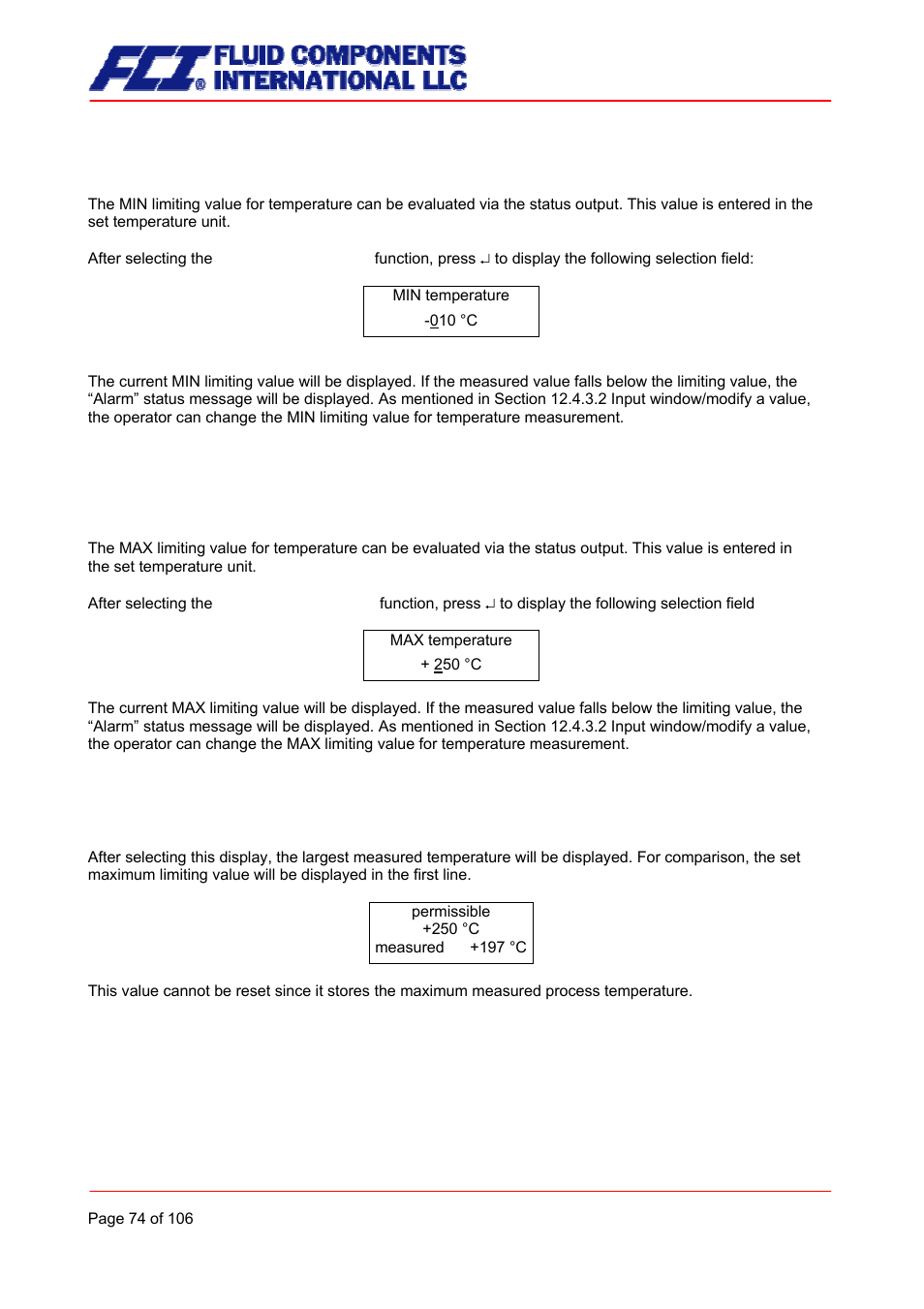 Temperature limit min, Temperature limit max, Max. measured temperature | Fluid Components International CMB User Manual | Page 74 / 106