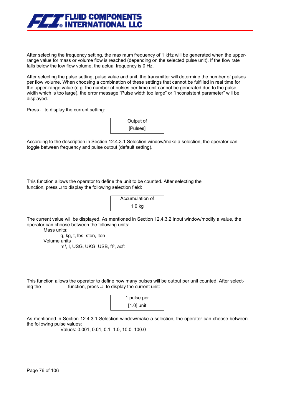 Pulse output unit, Pulse value | Fluid Components International CMB User Manual | Page 76 / 106