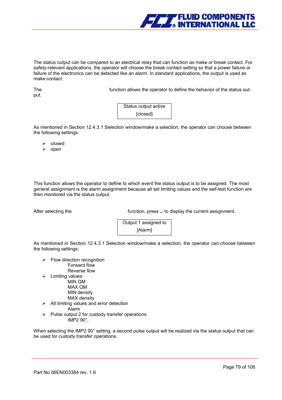 Status output active state, Status output 1 assignment | Fluid Components International CMB User Manual | Page 79 / 106