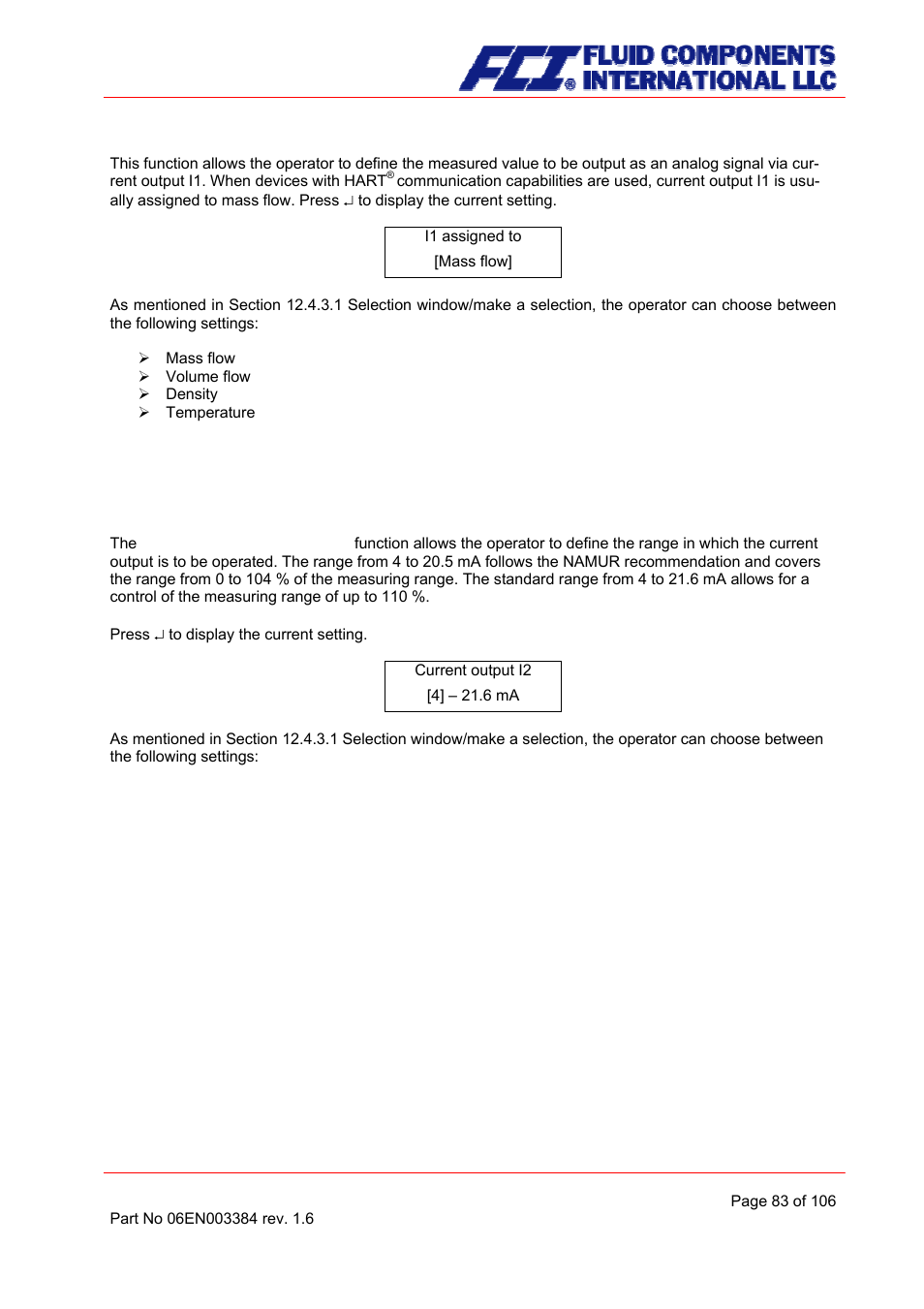 Current output i2 0/4 to 20 ma | Fluid Components International CMB User Manual | Page 83 / 106