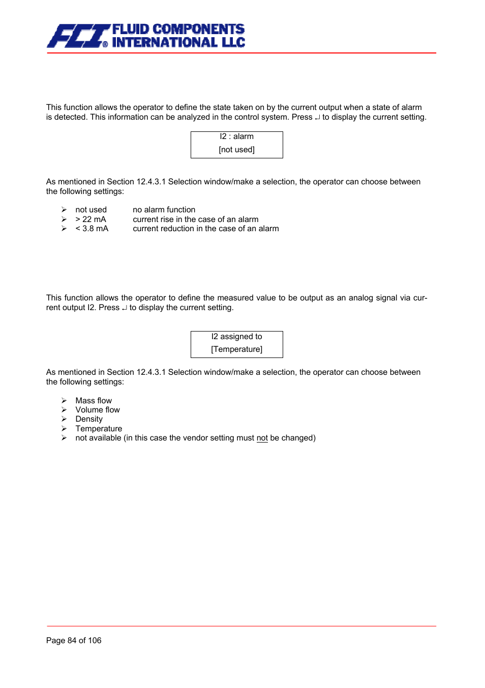 Current output i2 alarm, Current output i2 assignment | Fluid Components International CMB User Manual | Page 84 / 106