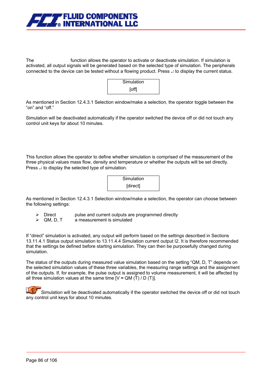 Simulation on/off, Direct simulation | Fluid Components International CMB User Manual | Page 86 / 106