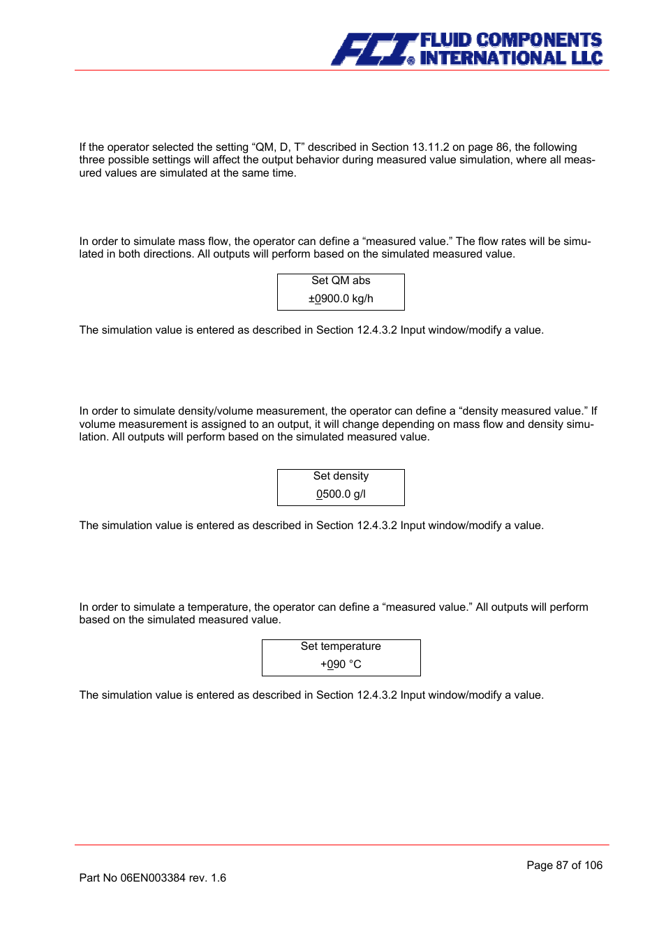 Measured value simulation, Simulation mass flow qm abs, Density simulation | Temperature measurement simulation | Fluid Components International CMB User Manual | Page 87 / 106