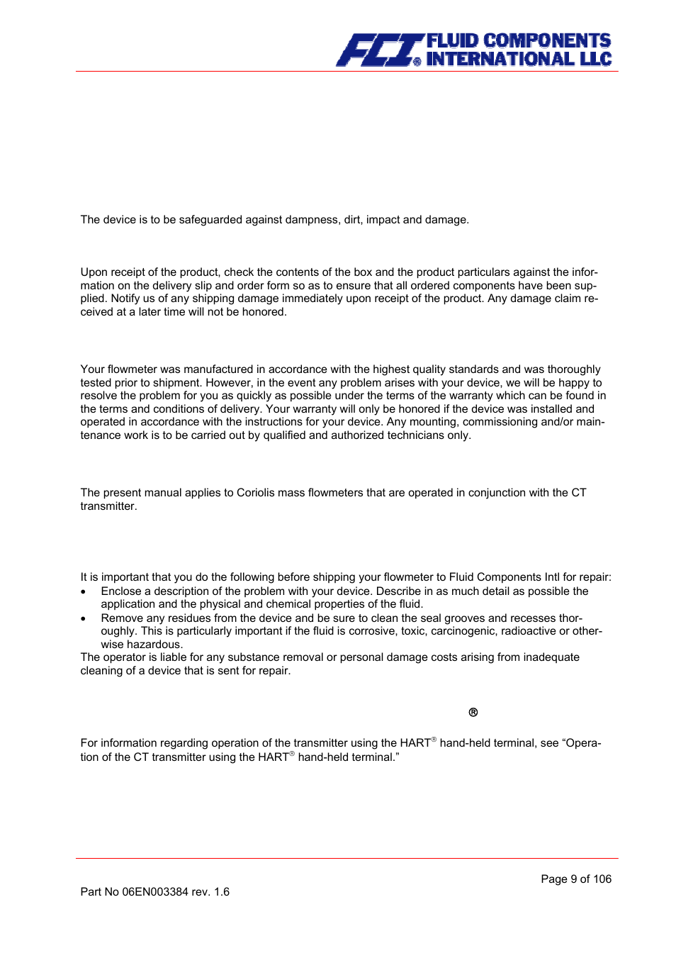 Introduction, Shipping and storage; product inspection, Warranty | Application domain the operating manual, Interface | Fluid Components International CMB User Manual | Page 9 / 106