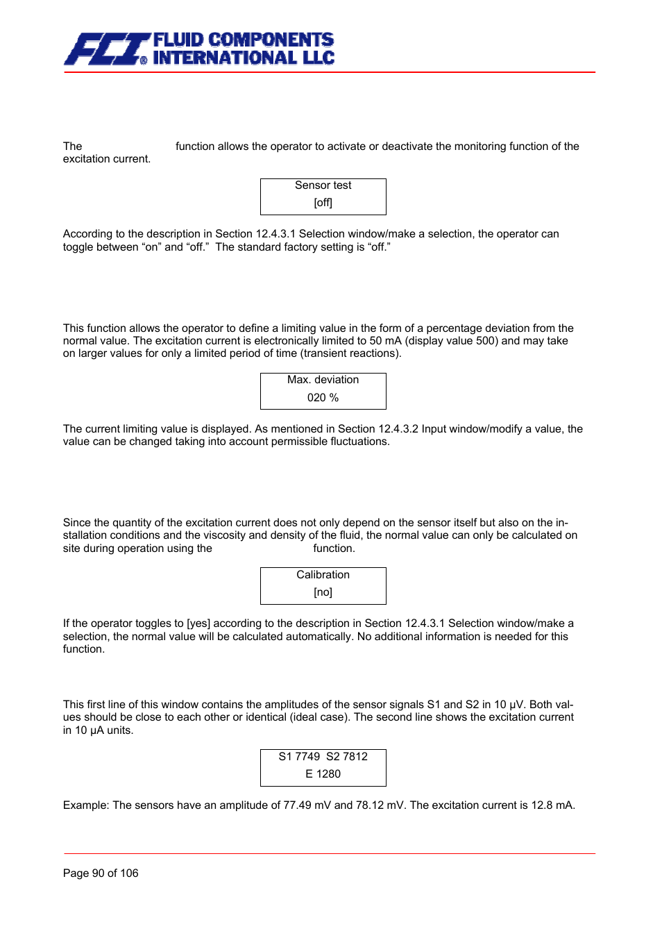 Sensor test on/off, Max. deviation of excitation, Self-test calibration | Fluid Components International CMB User Manual | Page 90 / 106