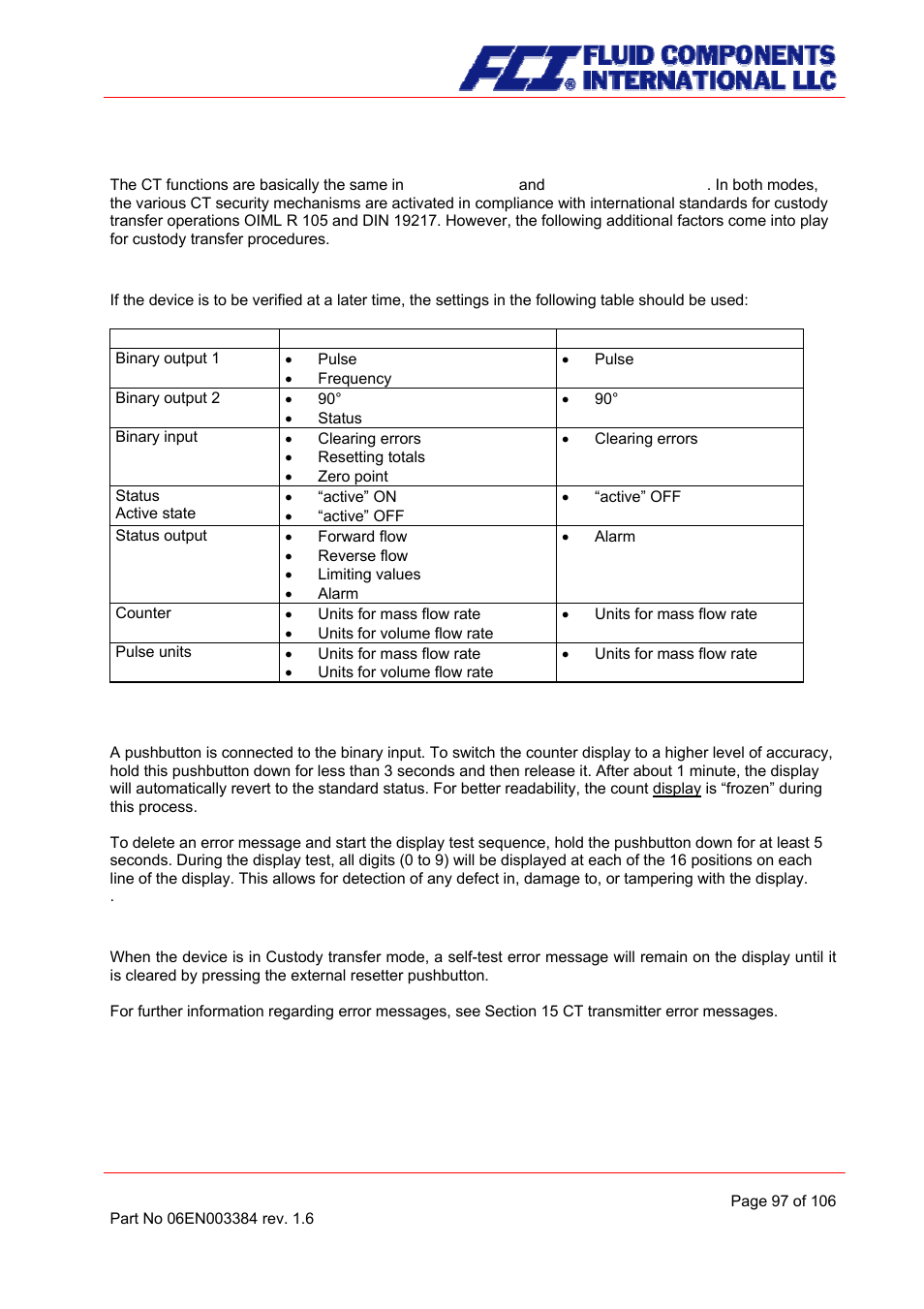 Use of the ct for custody transfer operations, Programming the transmitter, Binary input (resetter) | Self-test error | Fluid Components International CMB User Manual | Page 97 / 106