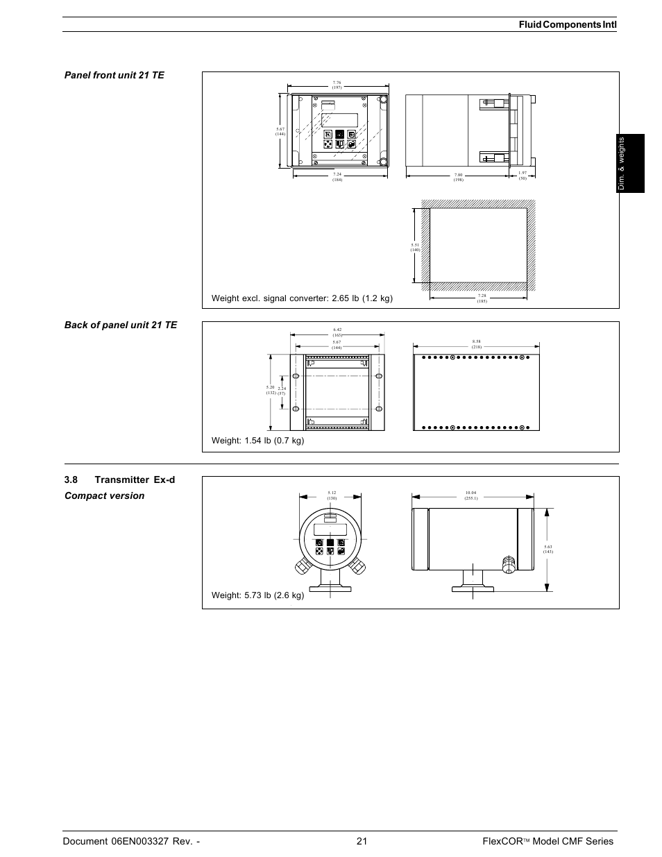 Model cmf series panel front unit 21 te, Back of panel unit 21 te, 8 transmitter ex-d compact version | Fluid Components International CMF Series Manual Dimensions and Weights User Manual | Page 6 / 6
