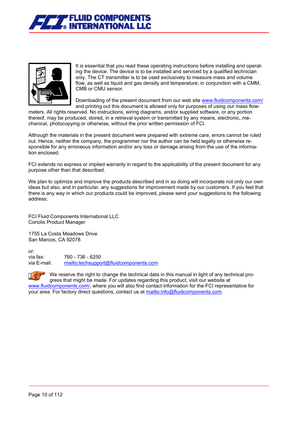 Steps prior to operation | Fluid Components International CMU User Manual | Page 10 / 112