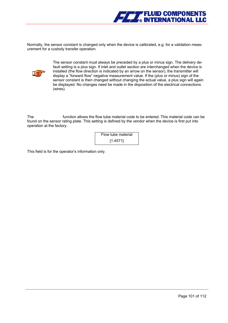 Sensor material | Fluid Components International CMU User Manual | Page 101 / 112