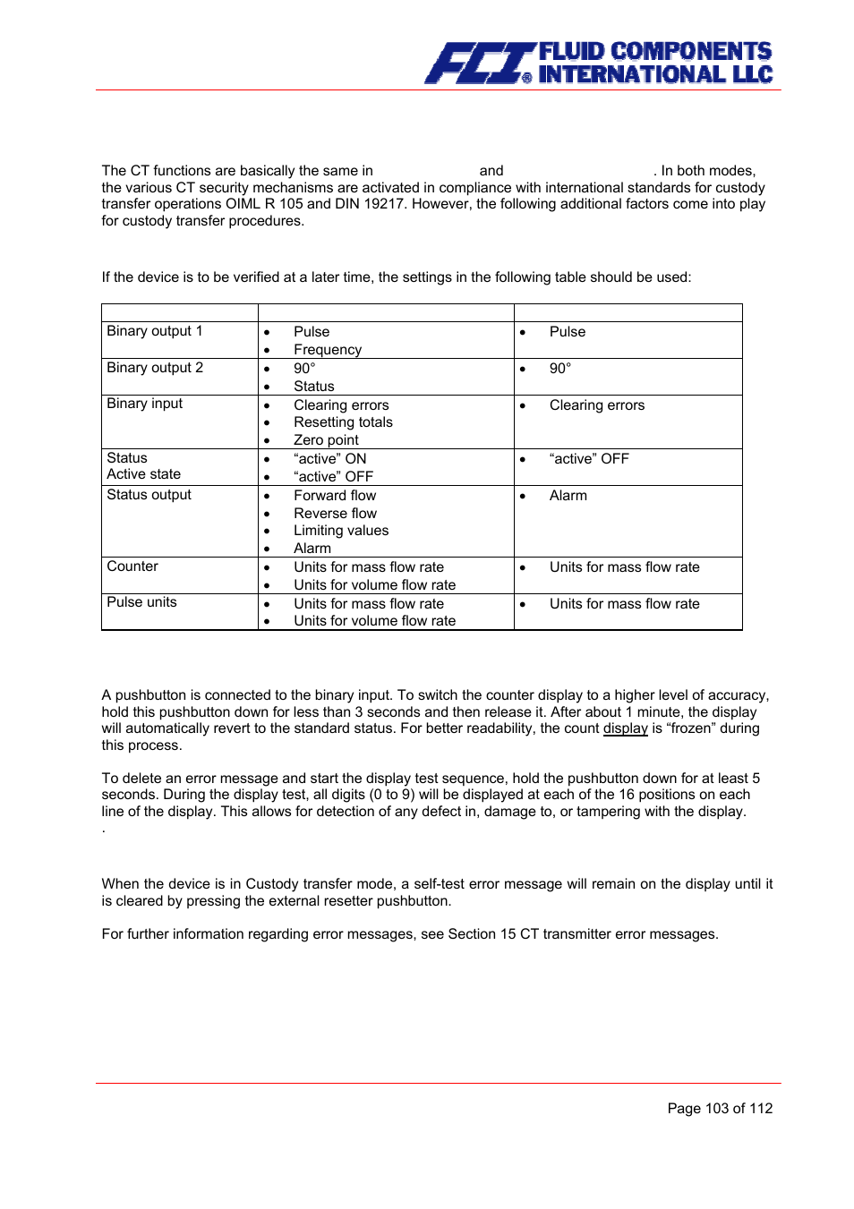 Use of the ct for custody transfer operations, Programming the transmitter, Binary input (resetter) | Self-test error | Fluid Components International CMU User Manual | Page 103 / 112